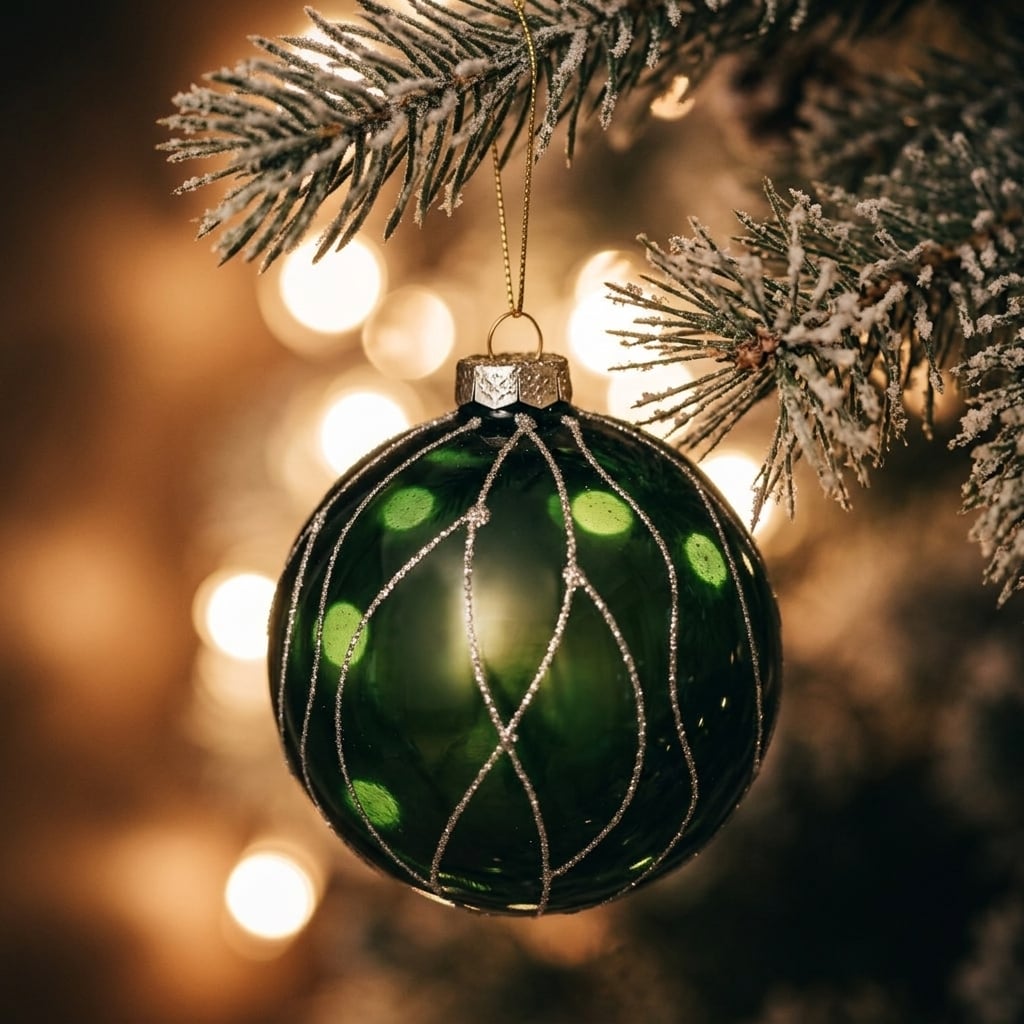 Tmavozelená lesklá sklenená guľa na chvoji s teplým bokeh svetlom