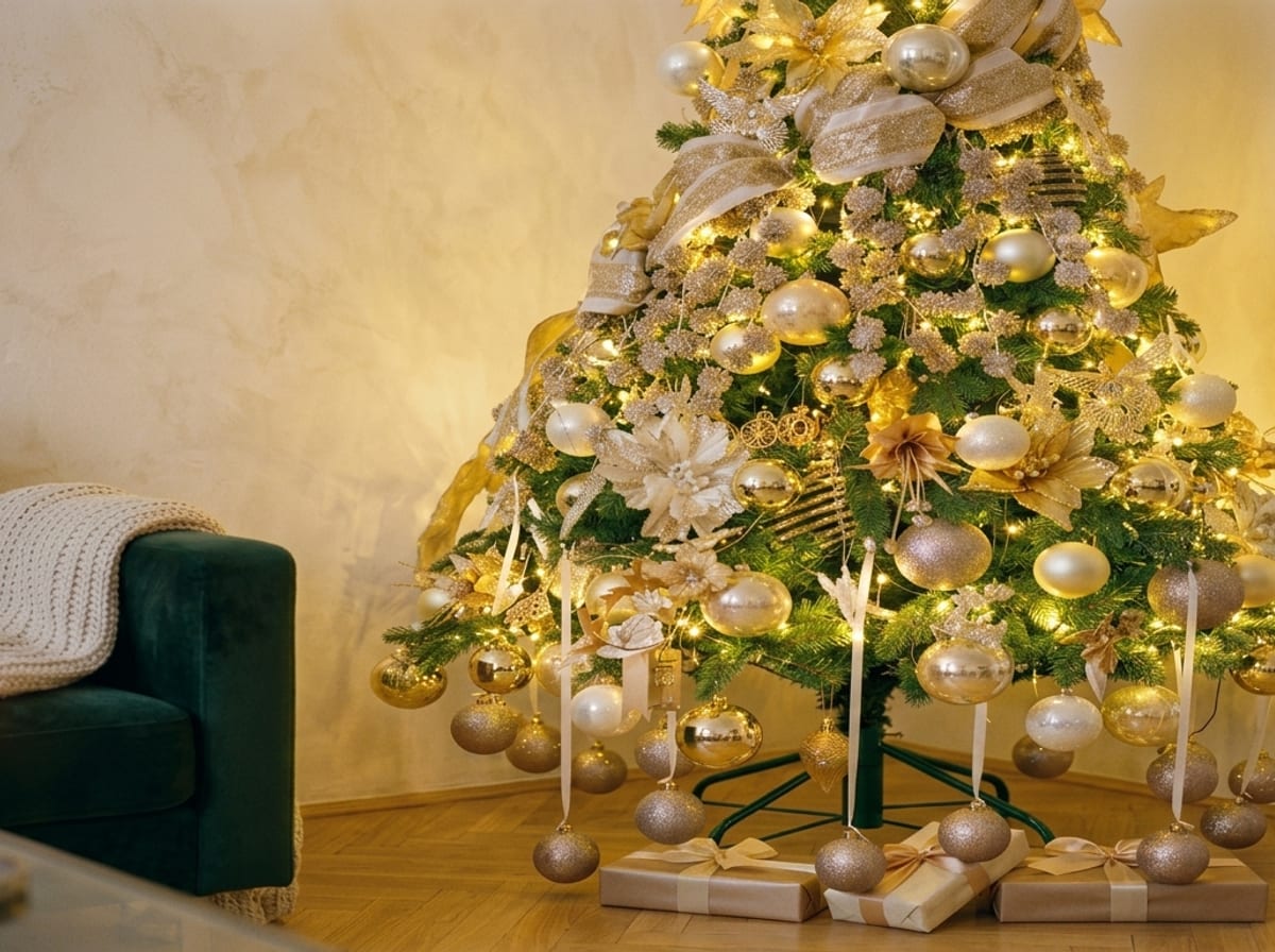Rozsvietený šampansko-zlatý vianočný stromček v obývačke