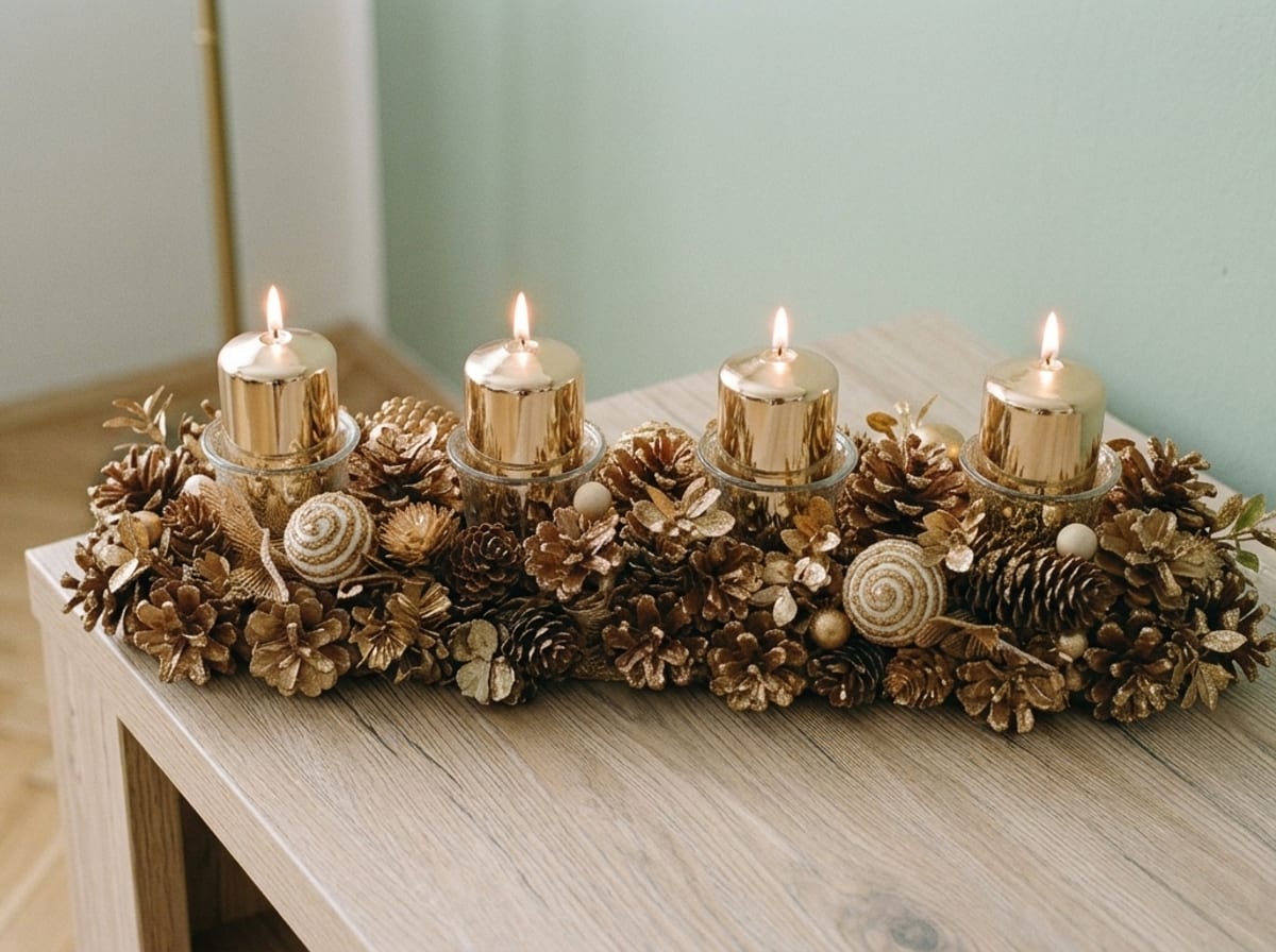 Adventný veniec so zlatými šiškami a zapálenými sviečkami