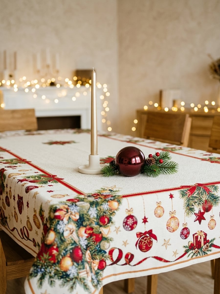 Obdĺžnikový gobelínový obrus so vzorom vianočného stromčeka a poinsettií