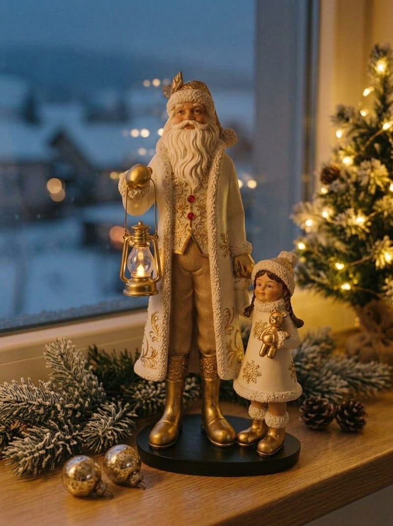 Bielo-zlatý keramický Santa s dievčatkom
