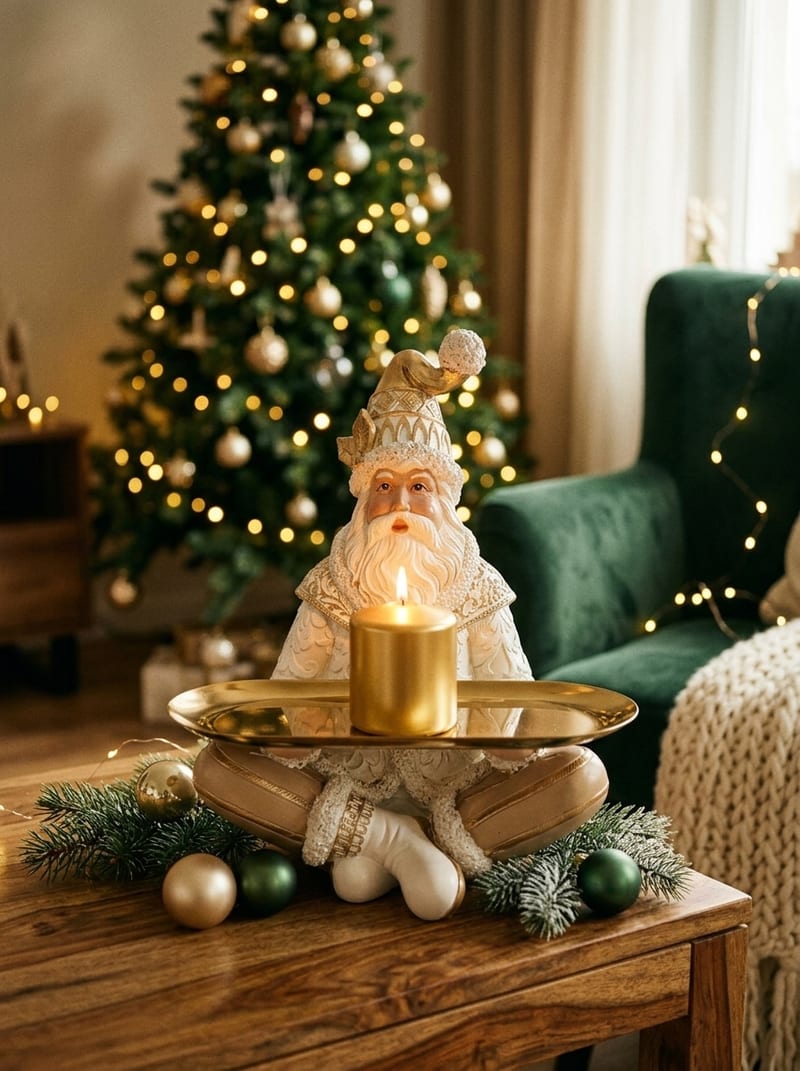 Bielo-zlatý keramický Santa so svietnikom