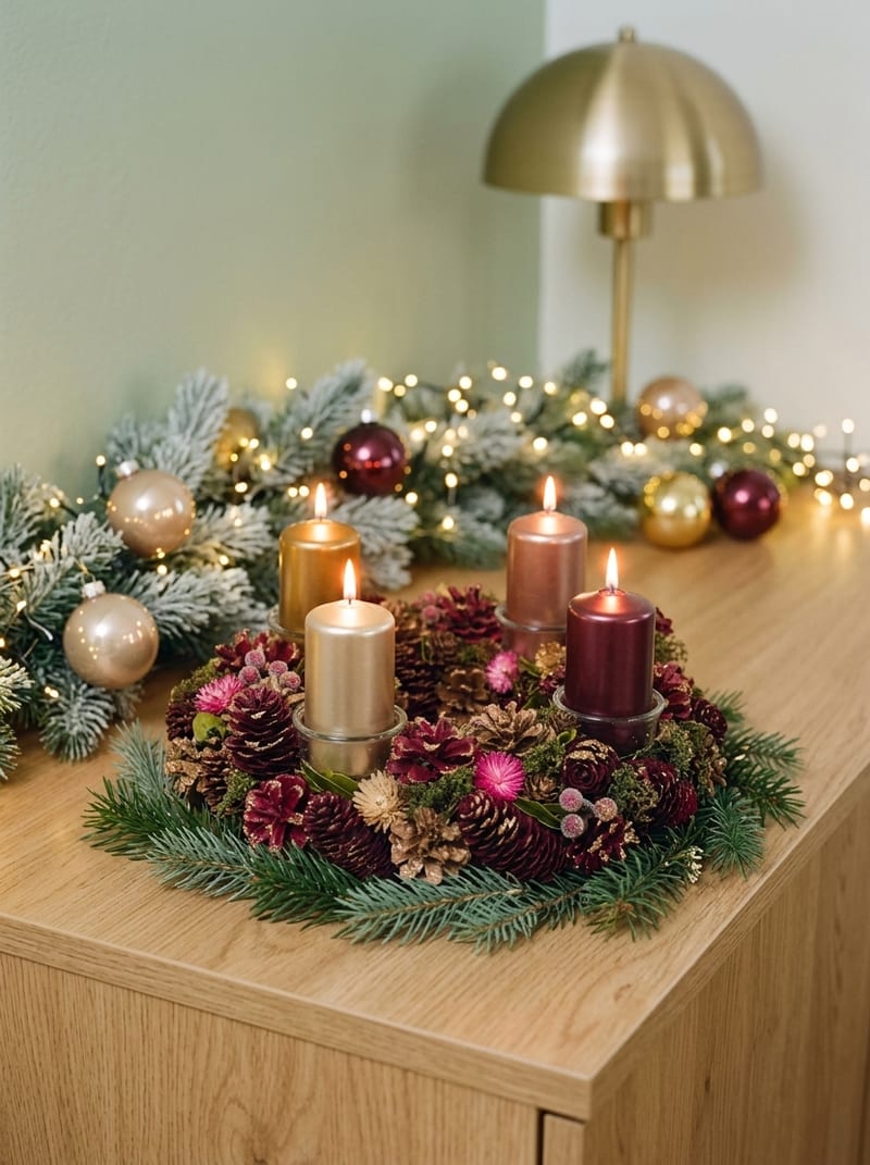 Adventný veniec s vínovými prírodnými šiškami na svietnik