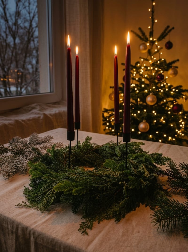 Zelený adventný veniec so štyrmi sviečkami