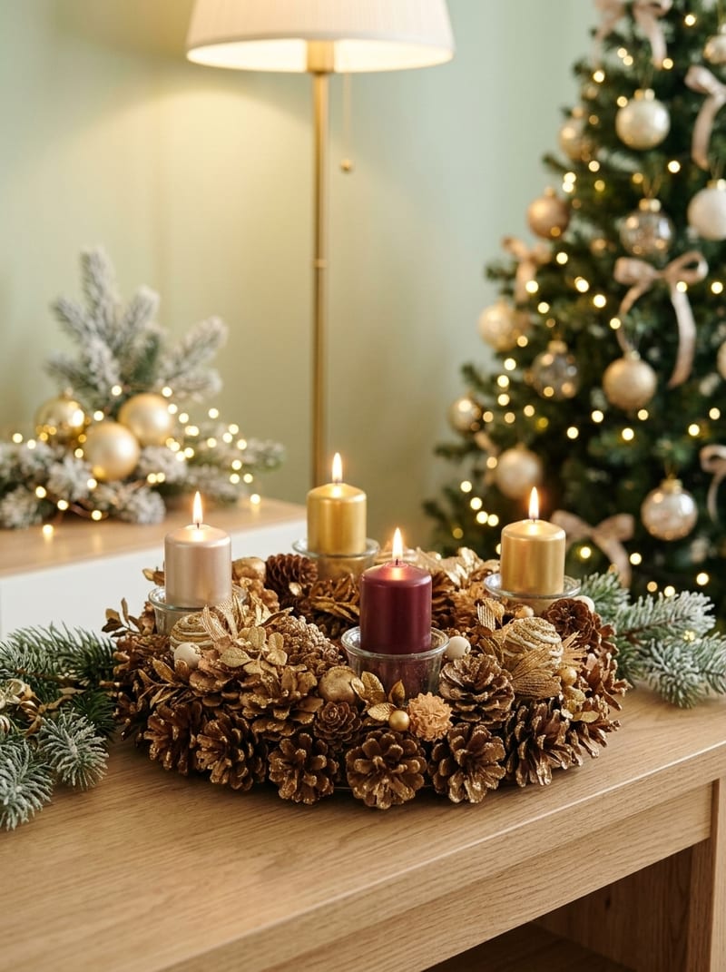 Zlatý adventný veniec so sklenenými svietnikmi