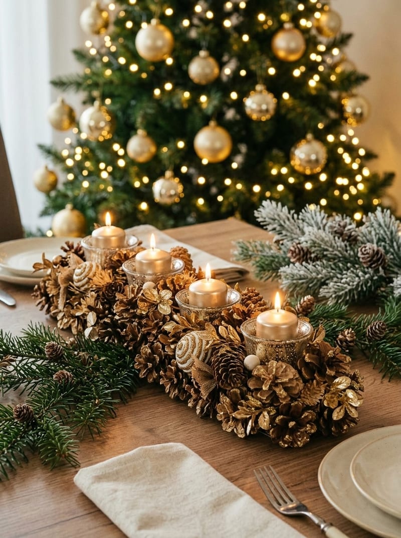 Široký nízky zlatý adventný veniec na štyri sviečky