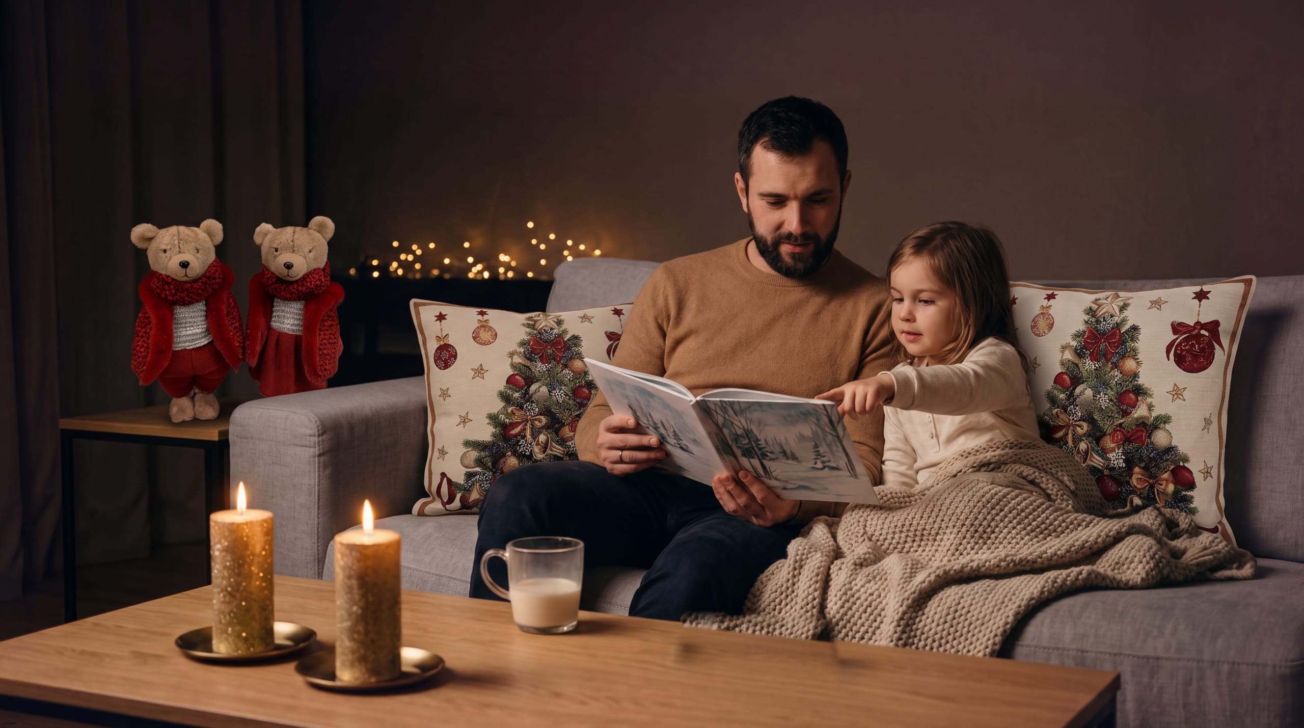 A father reading his daughter a story on a sofa with Christmas tapestry cushions, gold candles burning on the table