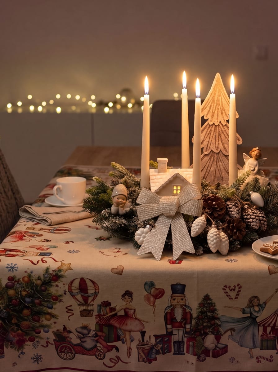 A tapestry tablecloth on a laid table with candles, an Advent arrangement and a ceramic house